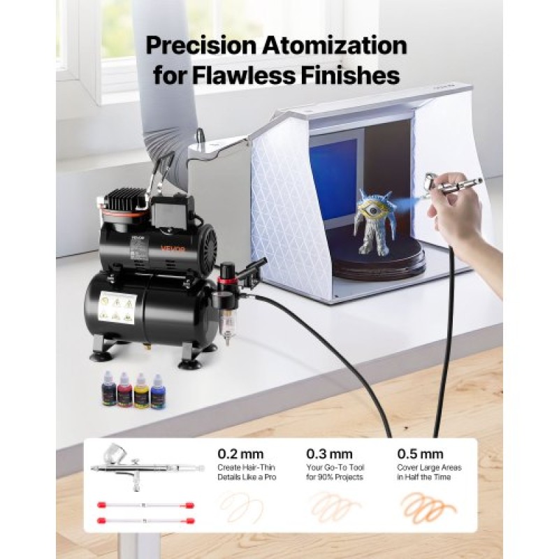 Σετ VEVOR Airbrush Kit, 1/6 HP, Air Brush Kit με αεροσυμπιεστή και ντεπόζιτο, 1 Dual-Action Professional Airbrush with 3 Tips, Acrylic paint, Low Noise, for Cake Decorating, Model Painting, Nail Art