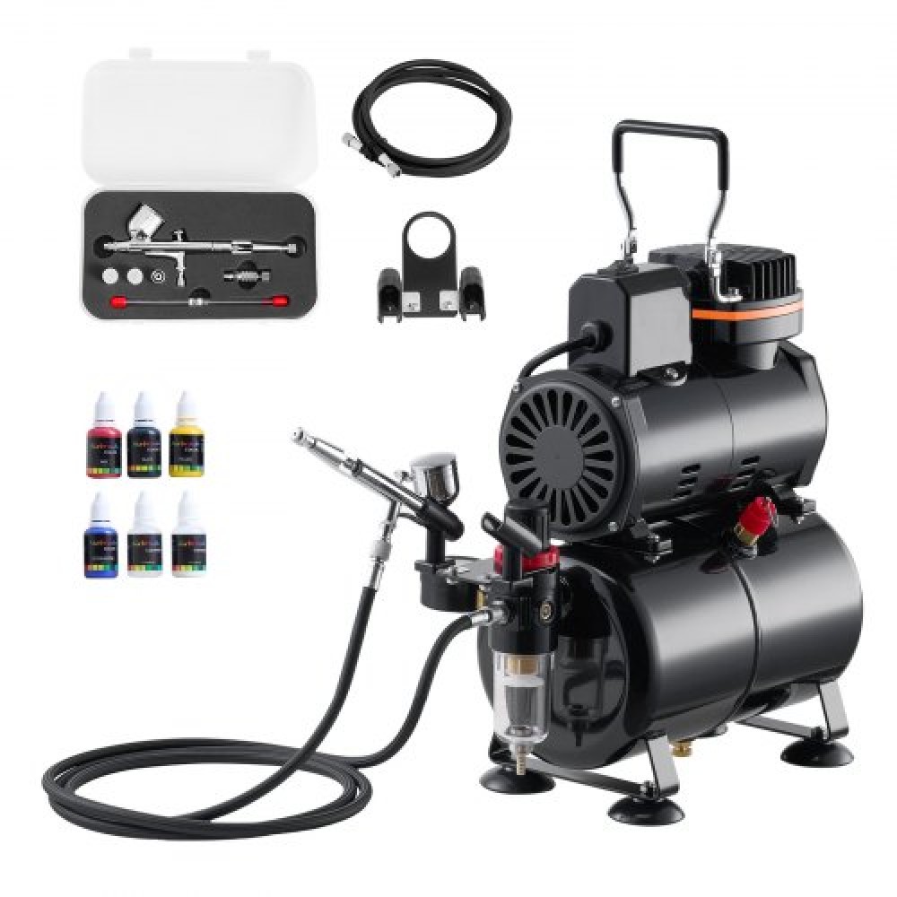 Σετ VEVOR Airbrush Kit, 1/6 HP, Air Brush Kit με αεροσυμπιεστή και ντεπόζιτο, 1 Dual-Action Professional Airbrush with 3 Tips, Acrylic paint, Low Noise, for Cake Decorating, Model Painting, Nail Art