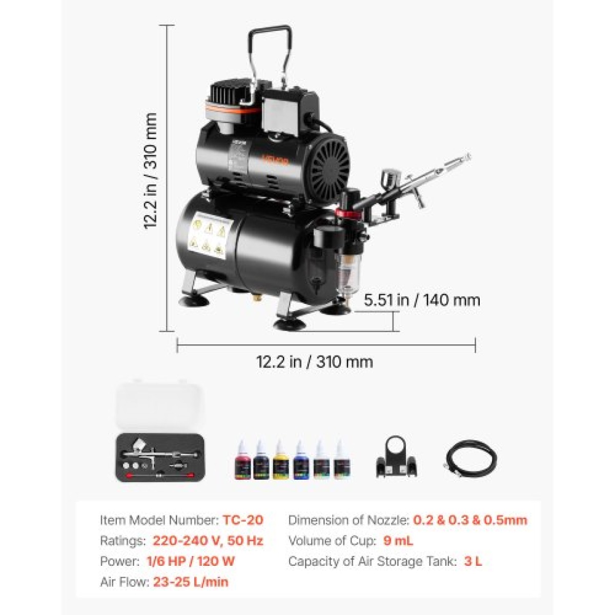 Σετ VEVOR Airbrush Kit, 1/6 HP, Air Brush Kit με αεροσυμπιεστή και ντεπόζιτο, 1 Dual-Action Professional Airbrush with 3 Tips, Acrylic paint, Low Noise, for Cake Decorating, Model Painting, Nail Art