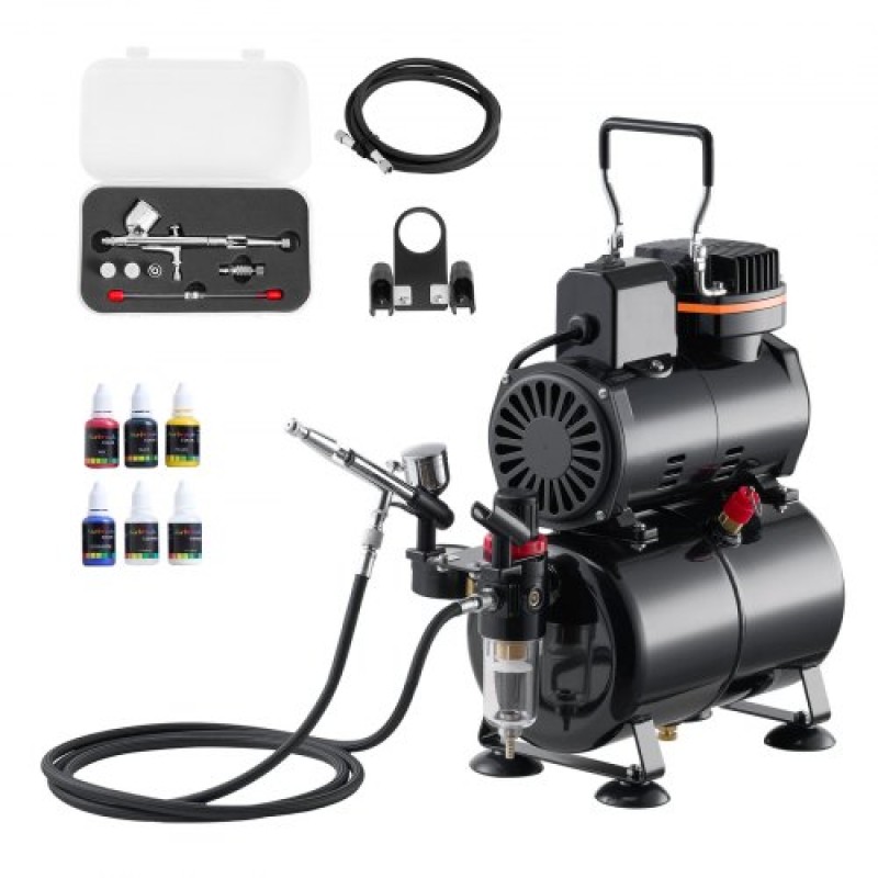 Σετ VEVOR Airbrush Kit, 1/6 HP, Air Brush Kit με αεροσυμπιεστή και ντεπόζιτο, 1 Dual-Action Professional Airbrush with 3 Tips, Acrylic paint, Low Noise, for Cake Decorating, Model Painting, Nail Art