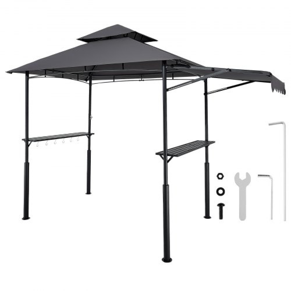 VEVOR Grill Gazebo, 2.43 x 1.5 m Double-Tiered Top, BBQ Gazebo with Extra Awning, Powder-Coated Steel Patio Grill Shelter with 2 Side Shelves, Bottle Opener & Hooks, Outdoor Grilling Canopy for Garden