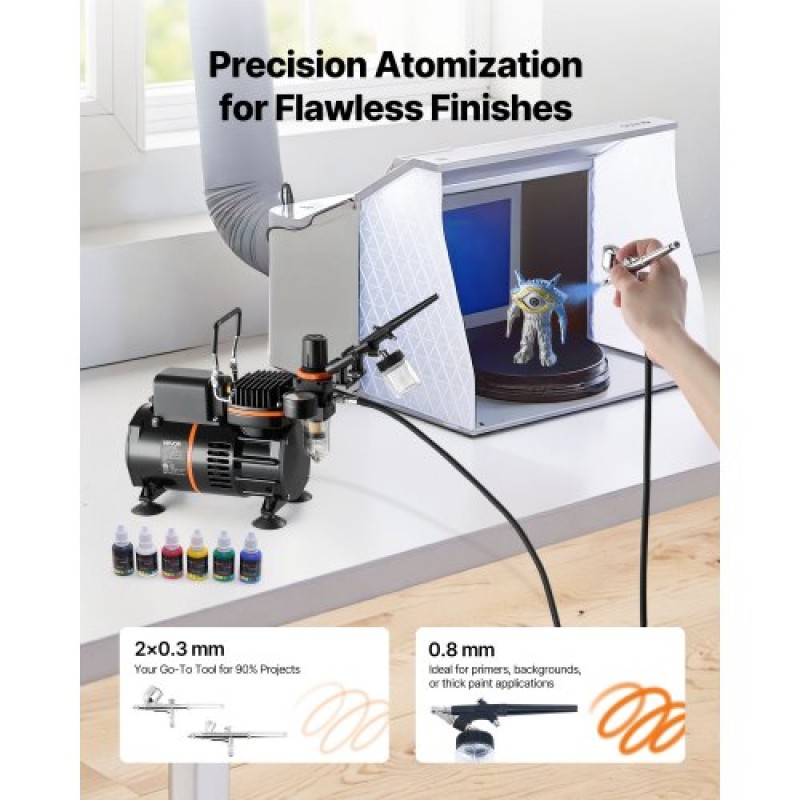 Σετ VEVOR Airbrush Kit, 1/6 HP, Air Brush Kit με αεροσυμπιεστή, 3 Dual-Action Professional Airbrushes with 3 Tips, Hose, Acrylic Paint, 2 Fans, Low Noise, for Cake Decorating, Model Painting, Nail Art