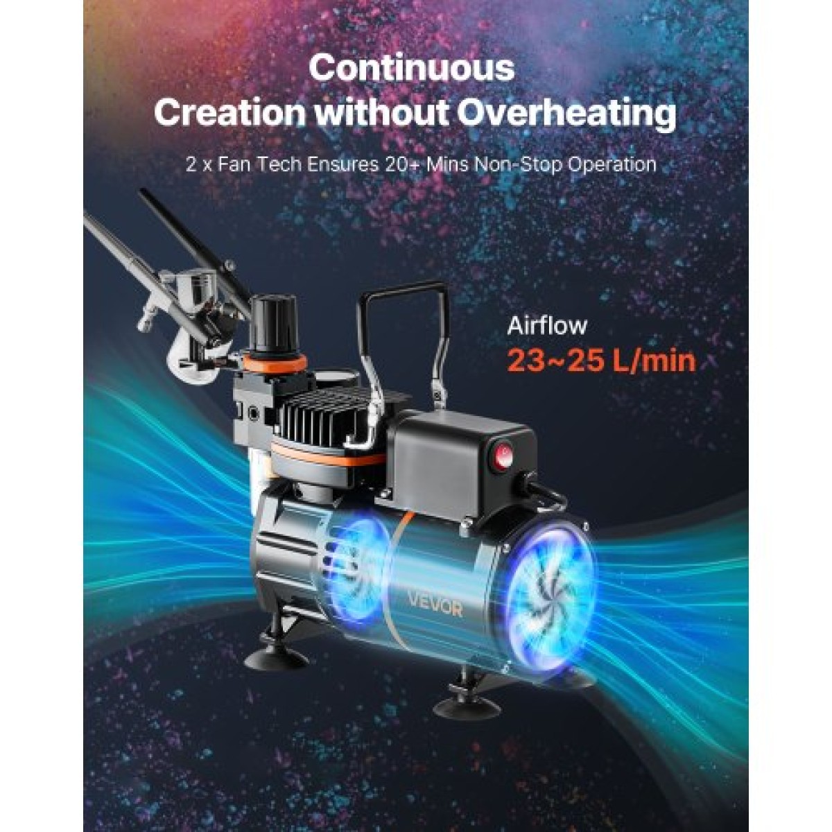 Σετ VEVOR Airbrush Kit, 1/6 HP, Air Brush Kit με αεροσυμπιεστή, 3 Dual-Action Professional Airbrushes with 3 Tips, Hose, Acrylic Paint, 2 Fans, Low Noise, for Cake Decorating, Model Painting, Nail Art