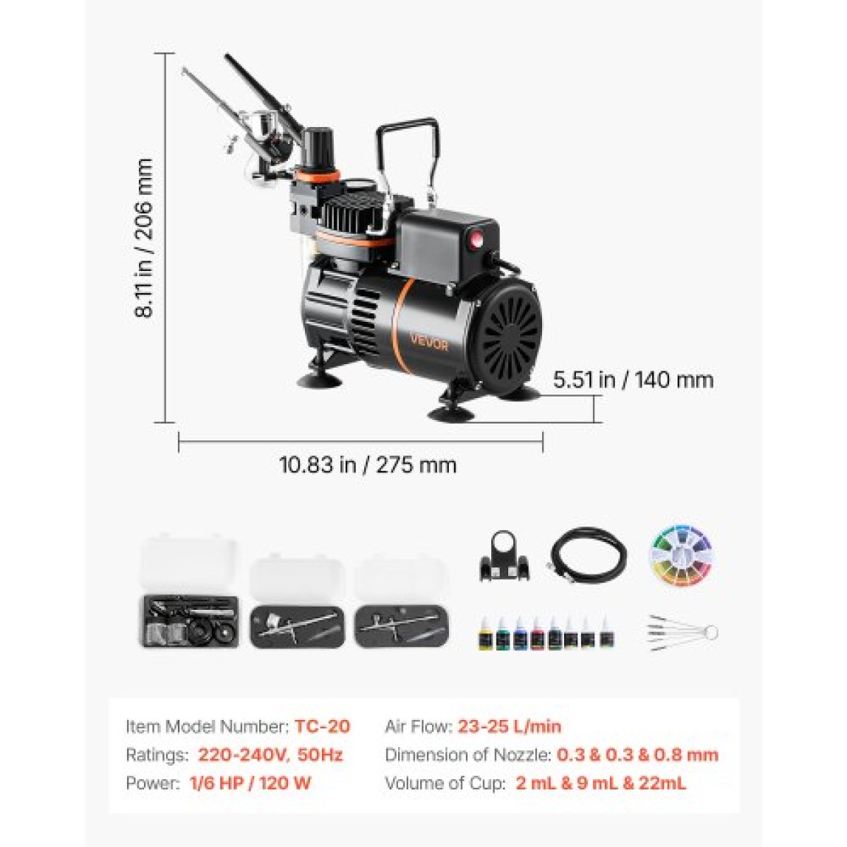 Σετ VEVOR Airbrush Kit, 1/6 HP, Air Brush Kit με αεροσυμπιεστή, 3 Dual-Action Professional Airbrushes with 3 Tips, Hose, Acrylic Paint, 2 Fans, Low Noise, for Cake Decorating, Model Painting, Nail Art