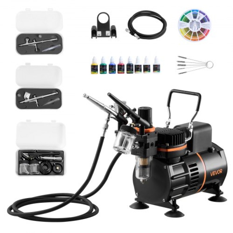Σετ VEVOR Airbrush Kit, 1/6 HP, Air Brush Kit με αεροσυμπιεστή, 3 Dual-Action Professional Airbrushes with 3 Tips, Hose, Acrylic Paint, 2 Fans, Low Noise, for Cake Decorating, Model Painting, Nail Art