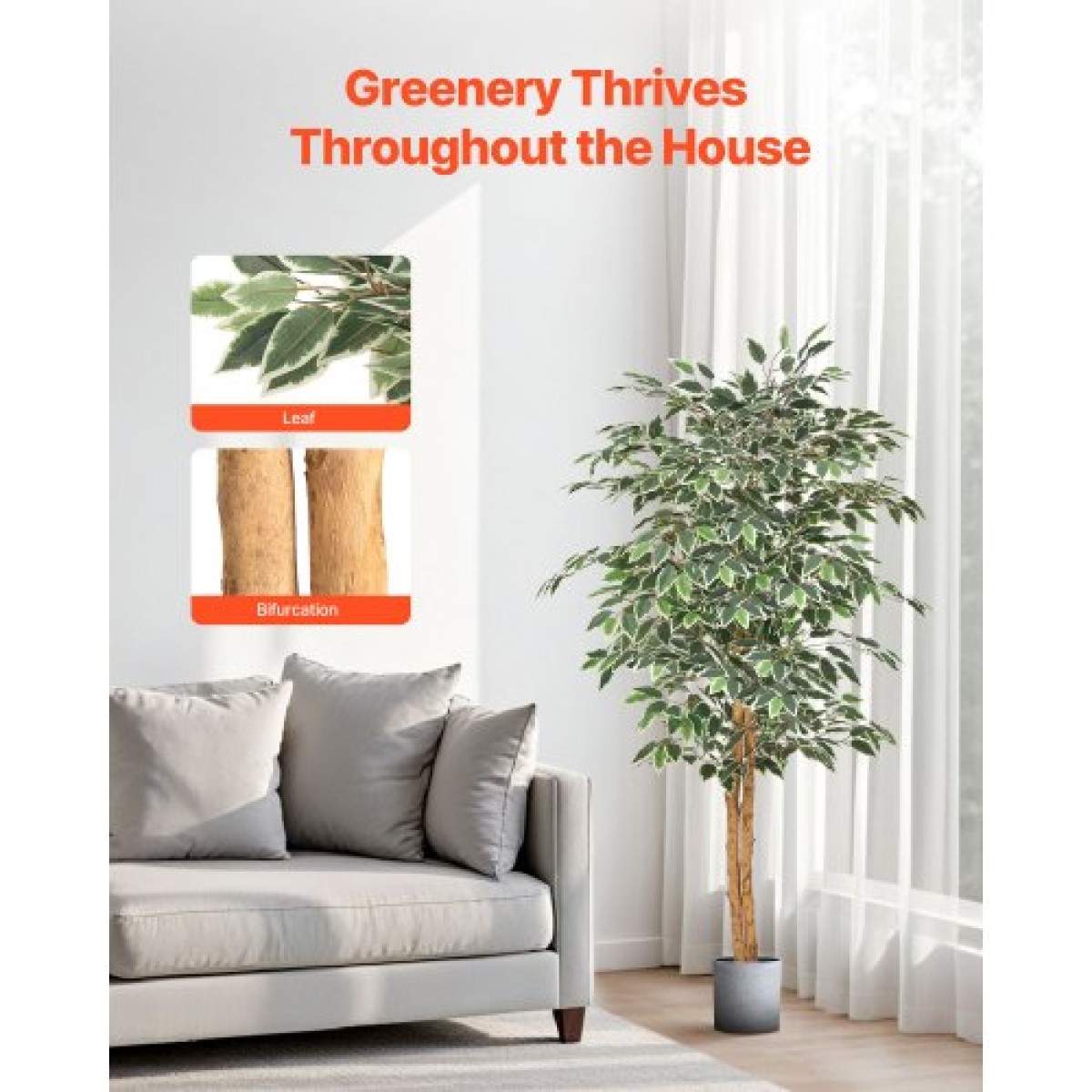 VEVOR Τεχνητό δέντρο Ficus 150 cm με Μαύρη γλάστρα, Ψηλό φυτό Faux Ficus με κορμό από φυσικό ξύλο και ρεαλιστικά πράσινα φύλλα, ψεύτικο μεταξωτό δέντρο εσωτερικού χώρου για διακόσμηση σπιτιού, γραφείου, σαλονιού ή γωνίας