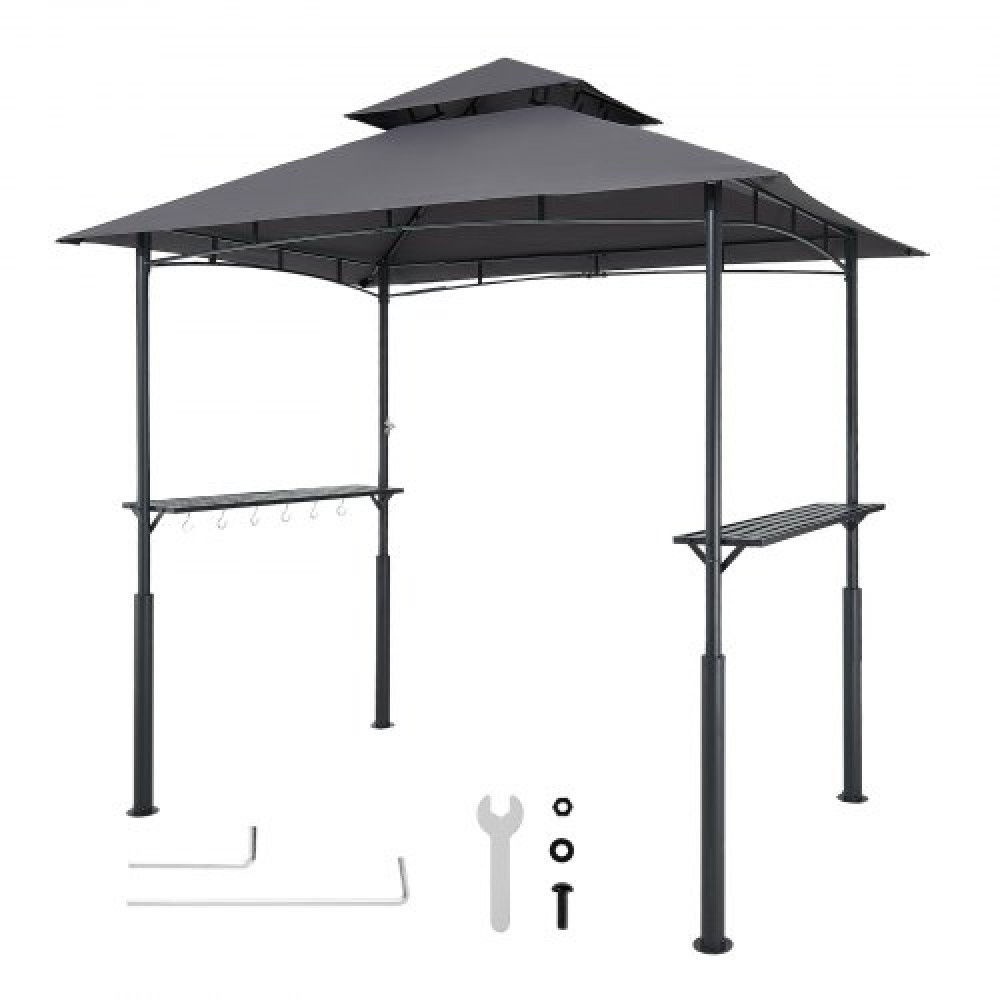 VEVOR Grill Gazebo, 2.43 x 1.5 m Reinforced Outdoor BBQ Gazebo with Double-Tiered Roof, Powder-Coated Steel Patio Grill Shelter with 2 Side Shelves & 8 Hooks, Grilling Canopy for Patio Backyard Garden