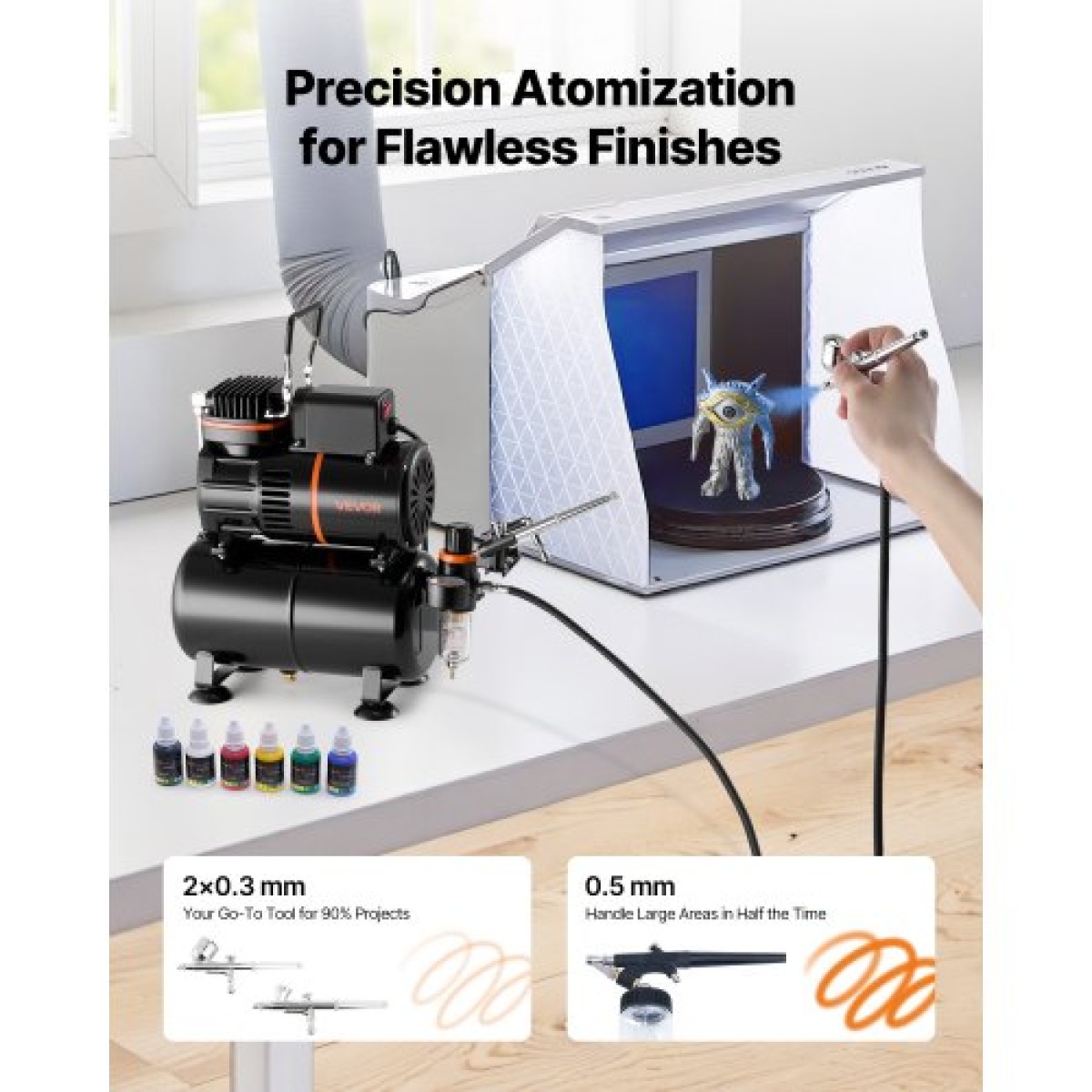 Σετ VEVOR Airbrush Kit, 1/6 HP, Air Brush Kit με αεροσυμπιεστή και δοχείο, 3 Dual-Action Professional Airbrushes with 3 Tips, Hose, Acrylic Paint, 2 Fans, for Cake Decorating, Model Painting, Nail Art