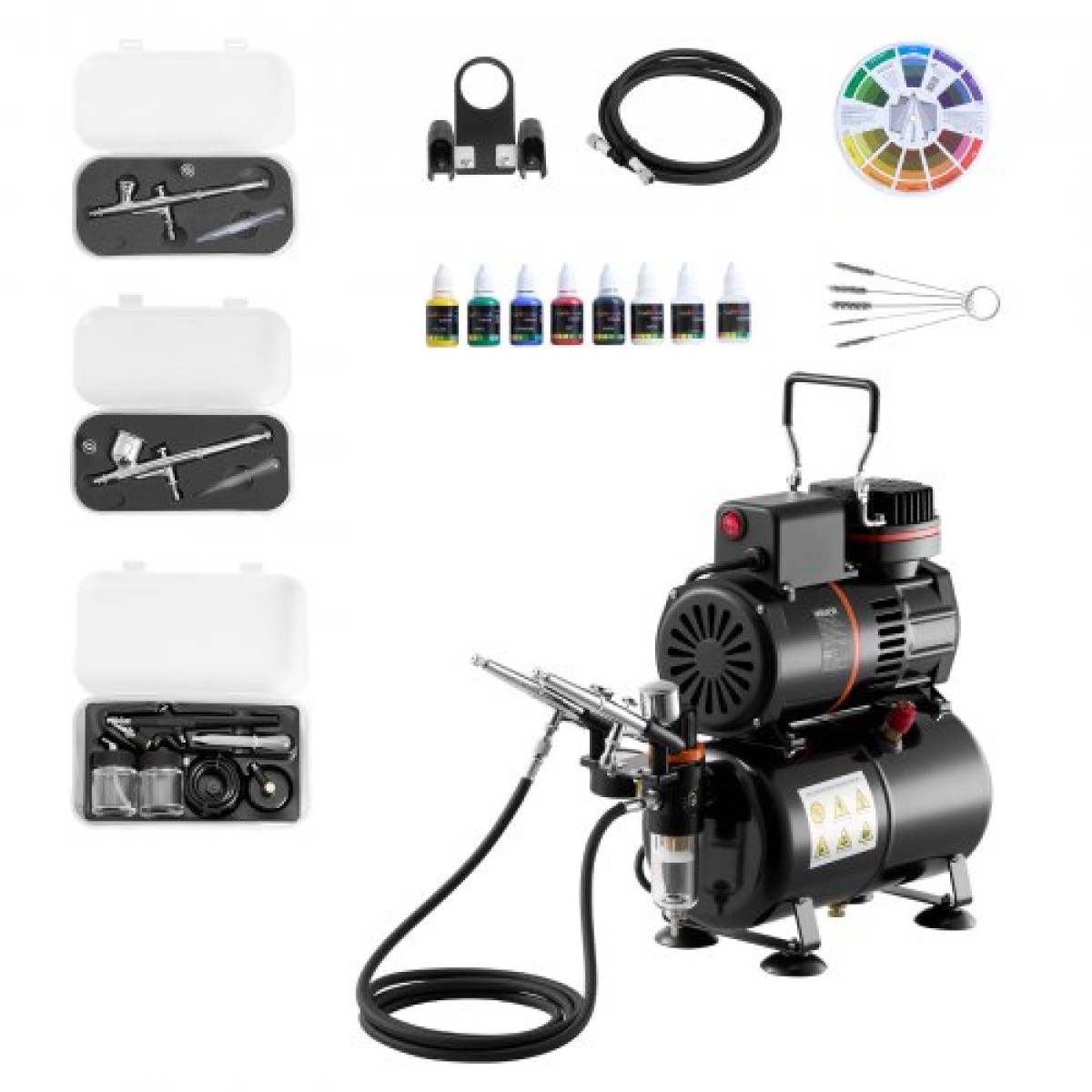 Σετ VEVOR Airbrush Kit, 1/6 HP, Air Brush Kit με αεροσυμπιεστή και δοχείο, 3 Dual-Action Professional Airbrushes with 3 Tips, Hose, Acrylic Paint, 2 Fans, for Cake Decorating, Model Painting, Nail Art