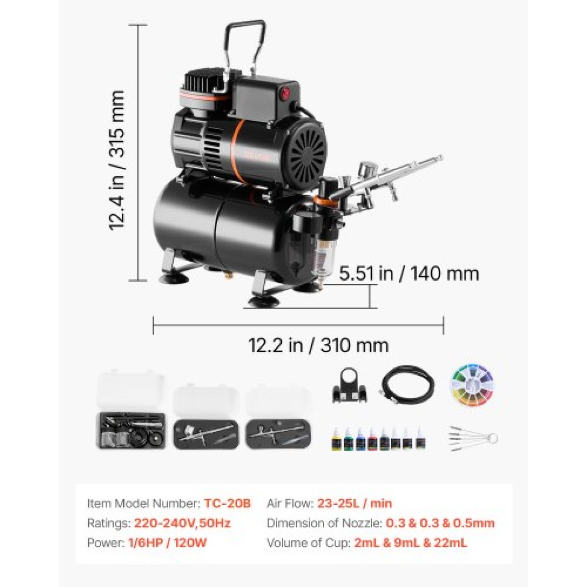 Σετ VEVOR Airbrush Kit, 1/6 HP, Air Brush Kit με αεροσυμπιεστή και δοχείο, 3 Dual-Action Professional Airbrushes with 3 Tips, Hose, Acrylic Paint, 2 Fans, for Cake Decorating, Model Painting, Nail Art