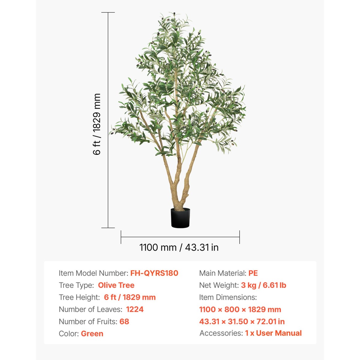 VEVOR 180cm Τεχνητή ελιά με μαύρη γλάστρα, ψηλό ψεύτικο δέντρο με κορμό από φυσικό ξύλο & ρεαλιστικά πράσινα φύλλα και καρπούς, ψεύτικο φυτό εσωτερικού χώρου για σπίτι, γραφείο, σαλόνι, γωνιακή διακόσμηση