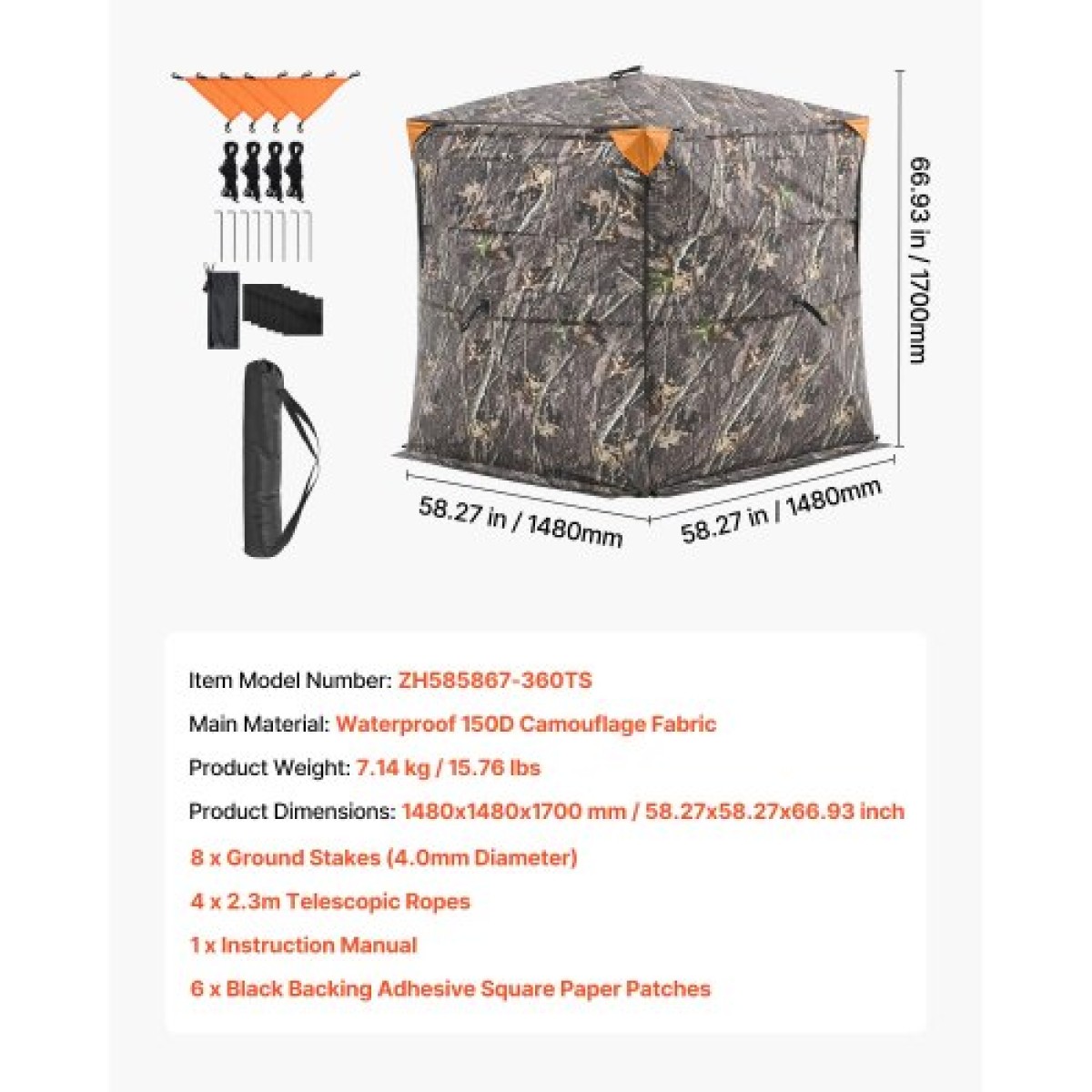 VEVOR Hunting Blind, περσίδες 2-3 ατόμων See Through Ground με τσάντα μεταφοράς, φορητή σκηνή παραλλαγής 360 μοιρών, ανθεκτικό κρυφό καταφύγιο με αθόρυβη πλαϊνή πόρτα και παράθυρο, για Τουρκία και ελάφια