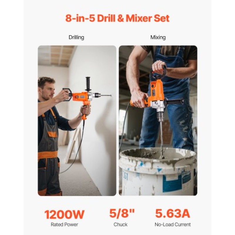 VEVOR Drill Mixer, 15,89mm Corded Electric Drill Mixer Set, 0-750RPM 3A Mixing Drills, Mixing Drills Machine with D-Handle for Drilling & Blending, Handheld Chiment Mixer for Food, Paint, Cement