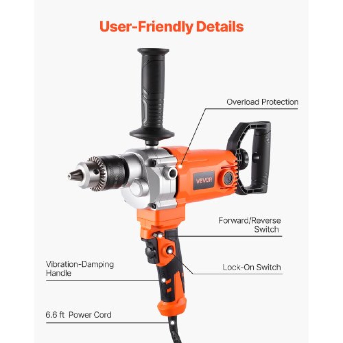 VEVOR Drill Mixer, 15,89mm Corded Electric Drill Mixer Set, 0-750RPM 3A Mixing Drills, Mixing Drills Machine with D-Handle for Drilling & Blending, Handheld Chiment Mixer for Food, Paint, Cement