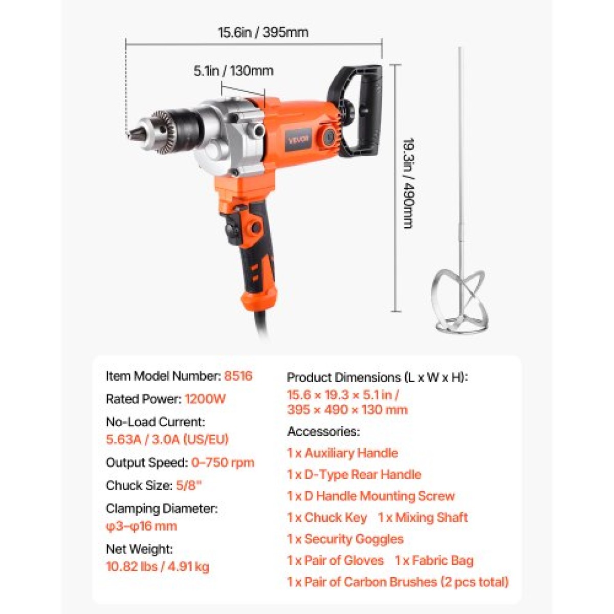 VEVOR Drill Mixer, 15,89mm Corded Electric Drill Mixer Set, 0-750RPM 3A Mixing Drills, Mixing Drills Machine with D-Handle for Drilling & Blending, Handheld Chiment Mixer for Food, Paint, Cement