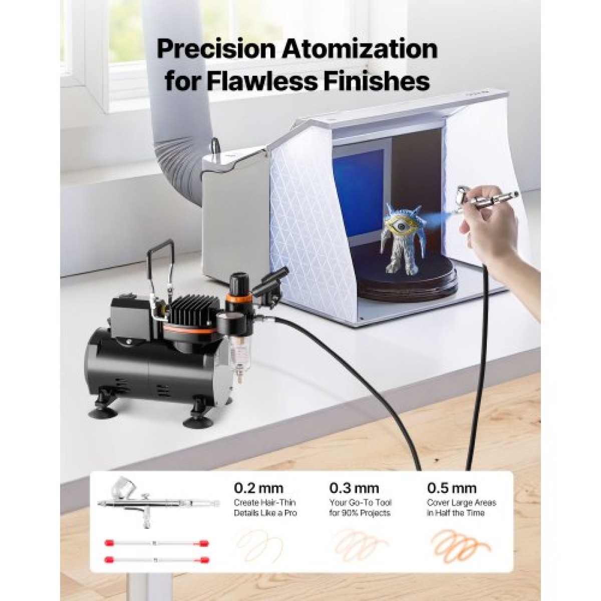 Σετ VEVOR Airbrush Kit, 1/6 HP, Air Brush Kit με αεροσυμπιεστή, 1 Dual-Action Professional Airbrush with 3 Tips, Hose, Hold, Cleaning Set, Low Noise, for Cake Decorating, Model Painting, Nail Art