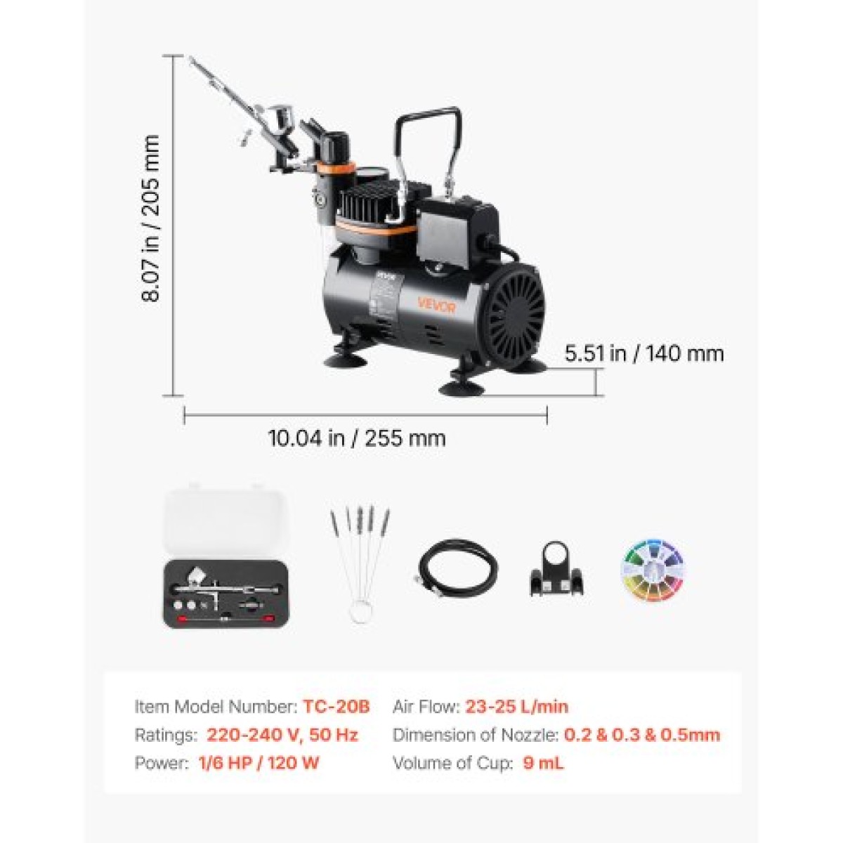 Σετ VEVOR Airbrush Kit, 1/6 HP, Air Brush Kit με αεροσυμπιεστή, 1 Dual-Action Professional Airbrush with 3 Tips, Hose, Hold, Cleaning Set, Low Noise, for Cake Decorating, Model Painting, Nail Art