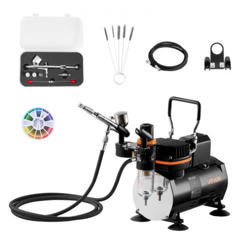 Σετ VEVOR Airbrush Kit, 1/6 HP, Air Brush Kit με αεροσυμπιεστή, 1 Dual-Action Professional Airbrush with 3 Tips, Hose, Hold, Cleaning Set, Low Noise, for Cake Decorating, Model Painting, Nail Art