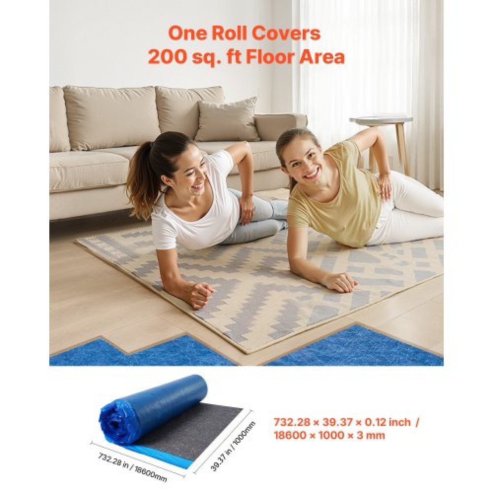 VEVOR Floor Underlayment 37.2 m² 3mm Recycled Fiber Sound/Vapor Barrier Blue