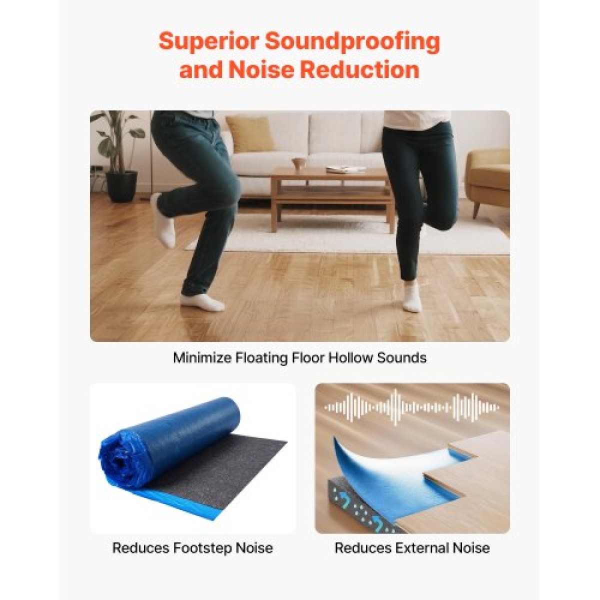 VEVOR Floor Underlayment 37.2 m² 3mm Recycled Fiber Sound/Vapor Barrier Blue