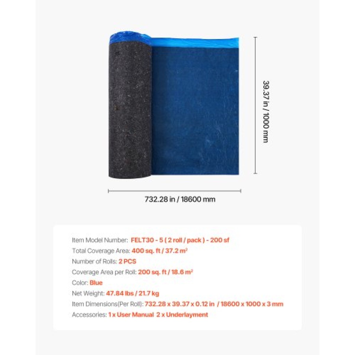 VEVOR Floor Underlayment 37.2 m² 3mm Recycled Fiber Sound/Vapor Barrier Blue