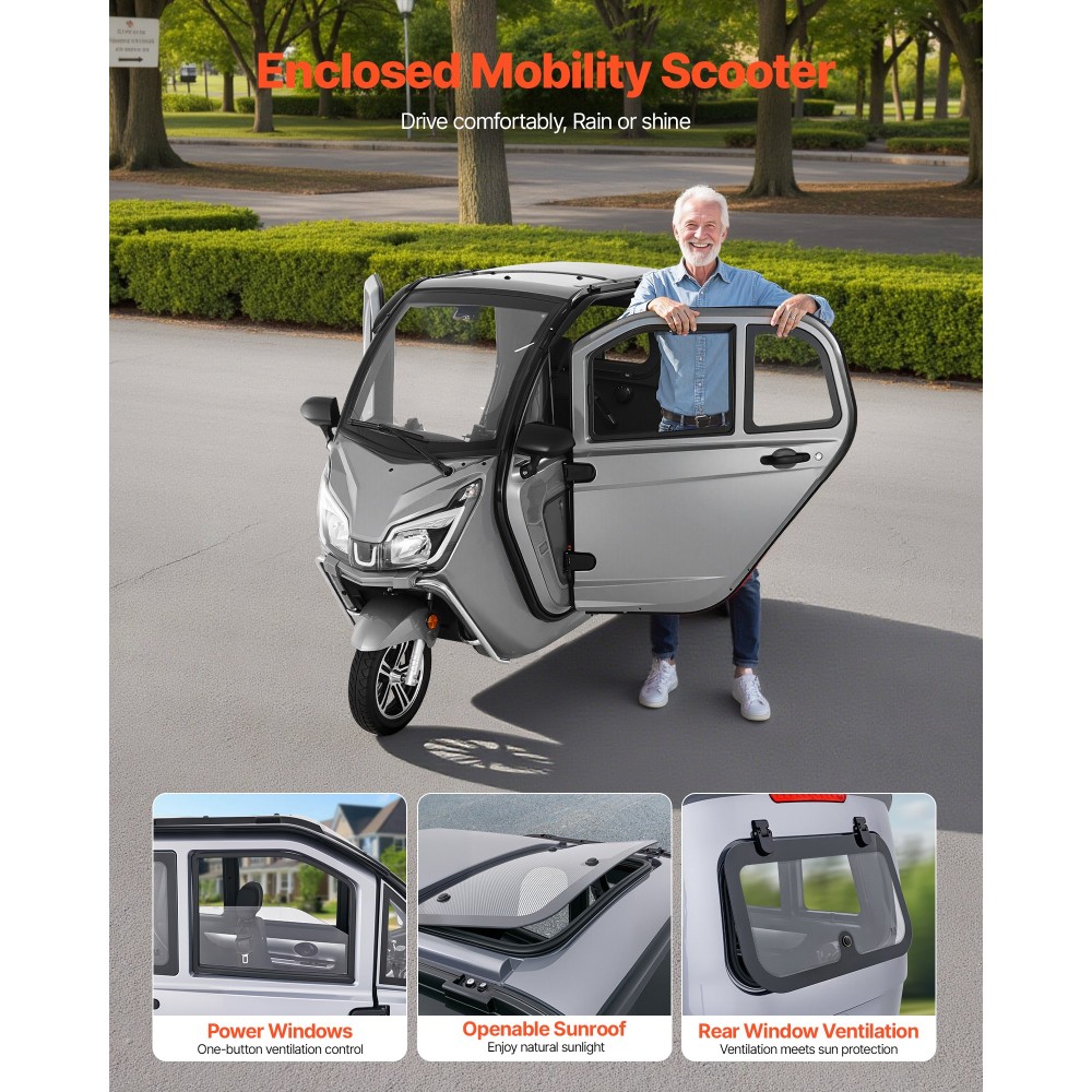 VEVOR 3-Wheel Enclosed Mobility Scooter για ηλικιωμένους και ενήλικες, χωρητικότητα 295 kg, 3θέσιο ηλεκτρικό σκούτερ ψυχαγωγικής κινητικότητας 1500W 60KM Long Range & Remote Unlock, Παντός εδάφους για περιηγήσεις αγορών