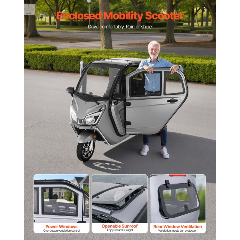 VEVOR 3-Wheel Enclosed Mobility Scooter για ηλικιωμένους και ενήλικες, χωρητικότητα 295 kg, 3θέσιο ηλεκτρικό σκούτερ ψυχαγωγικής κινητικότητας 1500W 60KM Long Range & Remote Unlock, Παντός εδάφους για περιηγήσεις αγορών