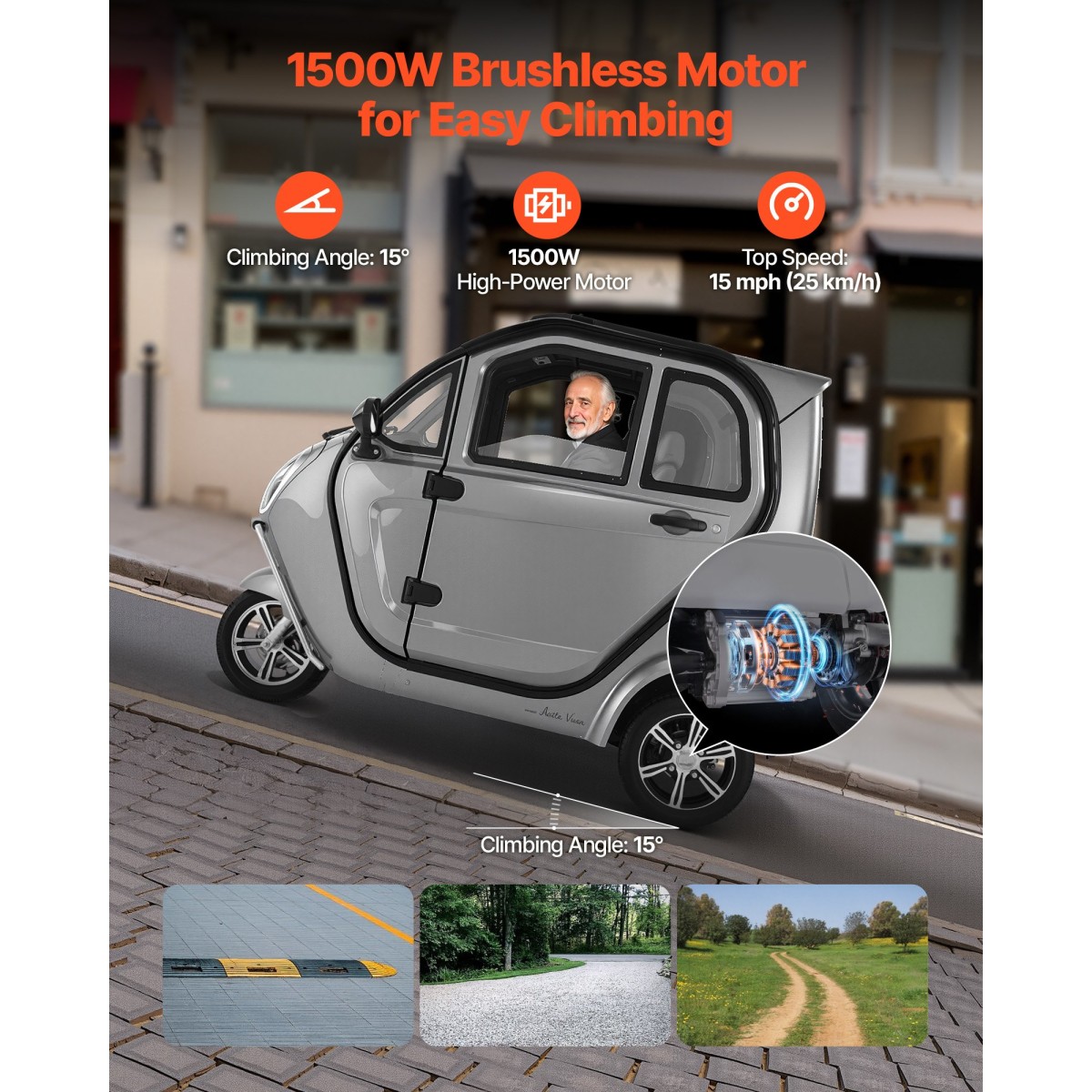 VEVOR 3-Wheel Enclosed Mobility Scooter για ηλικιωμένους και ενήλικες, χωρητικότητα 295 kg, 3θέσιο ηλεκτρικό σκούτερ ψυχαγωγικής κινητικότητας 1500W 60KM Long Range & Remote Unlock, Παντός εδάφους για περιηγήσεις αγορών