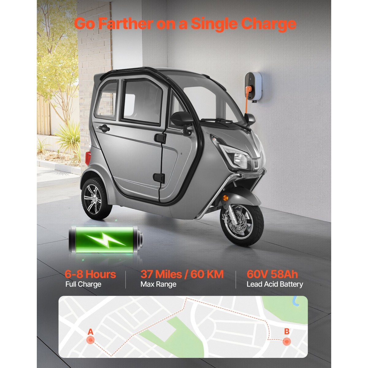 VEVOR 3-Wheel Enclosed Mobility Scooter για ηλικιωμένους και ενήλικες, χωρητικότητα 295 kg, 3θέσιο ηλεκτρικό σκούτερ ψυχαγωγικής κινητικότητας 1500W 60KM Long Range & Remote Unlock, Παντός εδάφους για περιηγήσεις αγορών