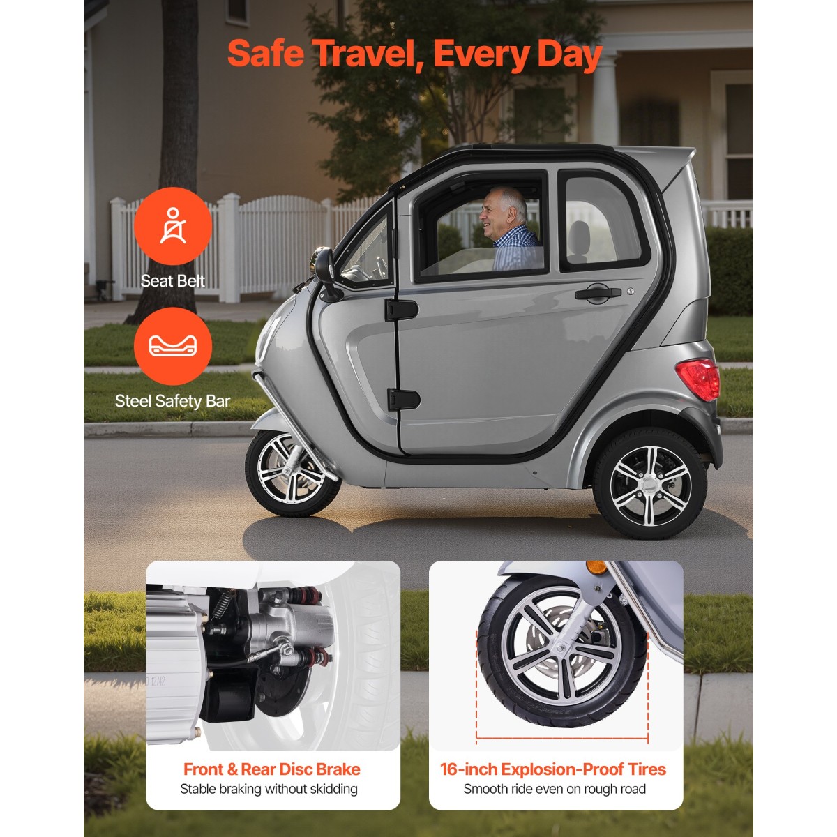 VEVOR 3-Wheel Enclosed Mobility Scooter για ηλικιωμένους και ενήλικες, χωρητικότητα 295 kg, 3θέσιο ηλεκτρικό σκούτερ ψυχαγωγικής κινητικότητας 1500W 60KM Long Range & Remote Unlock, Παντός εδάφους για περιηγήσεις αγορών