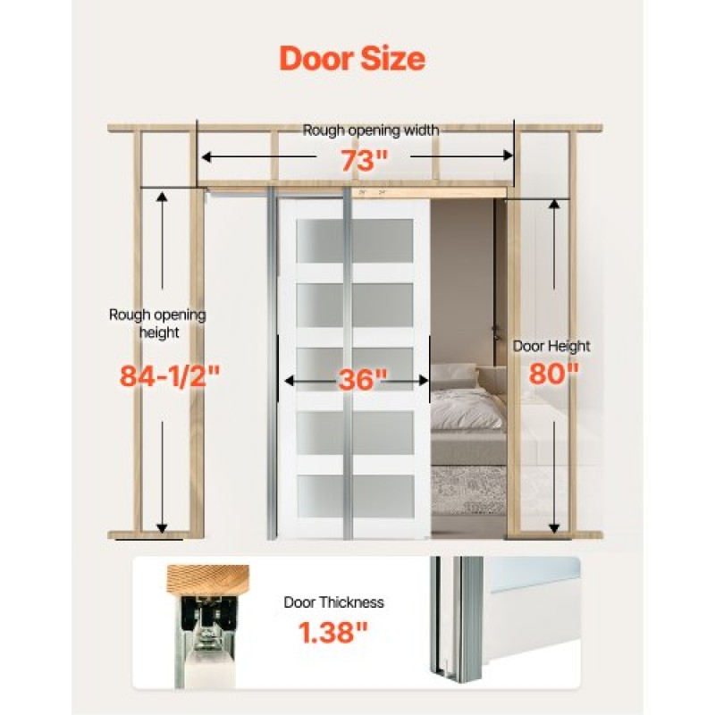VEVOR Συρόμενη πόρτα τσέπης, 915 x 2035 mm, 5-Lite Frosted Glass Μονή συρόμενη πόρτα με κιτ υλικού, στιβαρό μασίφ ξύλο & MDF Πλάκα για πόρτες τσέπης με αδιάβροχη επιφάνεια για υπνοδωμάτιο κουζίνα δωμάτιο μελέτης
