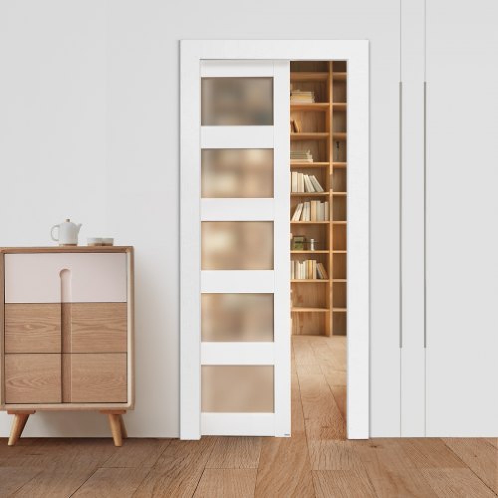 VEVOR Συρόμενη πόρτα τσέπης, 915 x 2035 mm, 5-Lite Frosted Glass Μονή συρόμενη πόρτα με κιτ υλικού, στιβαρό μασίφ ξύλο & MDF Πλάκα για πόρτες τσέπης με αδιάβροχη επιφάνεια για υπνοδωμάτιο κουζίνα δωμάτιο μελέτης