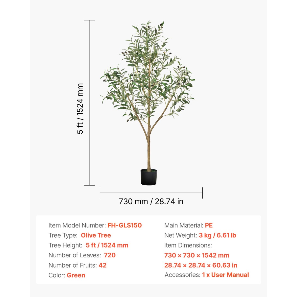 VEVOR 150cm Τεχνητή ελιά με Μαύρη γλάστρα, Ψηλό ψεύτικο δέντρο με κορμό από φυσικό ξύλο & ρεαλιστικά πράσινα φύλλα και καρπούς, ψεύτικο φυτό εσωτερικού χώρου για σπίτι, γραφείο, σαλόνι, γωνιακή διακόσμηση