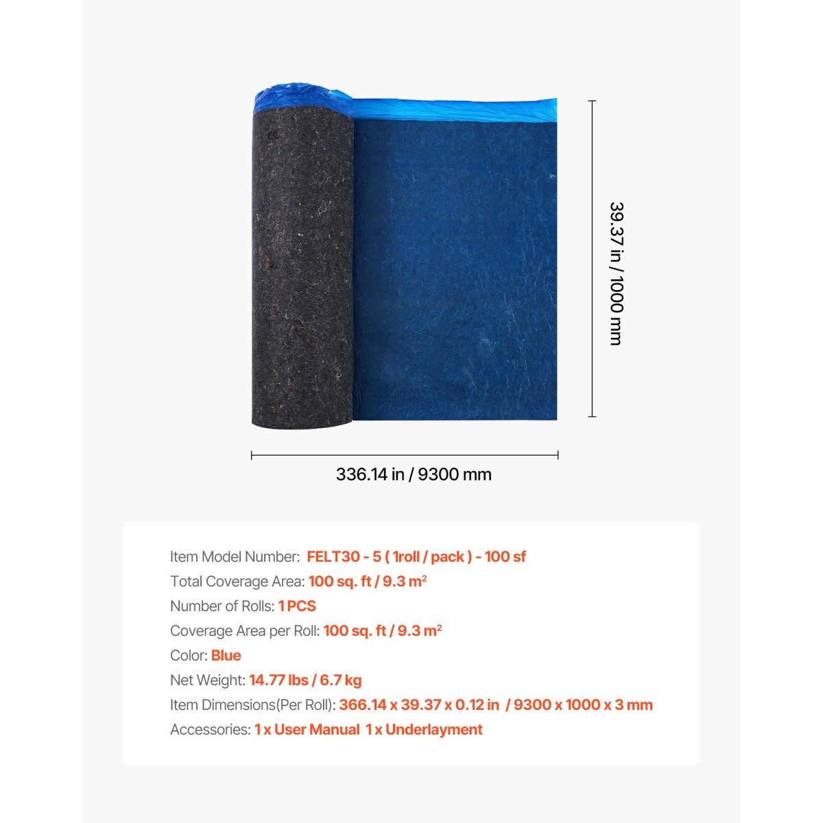 Υπόστρωμα δαπέδου VEVOR 9,3 m²/Roll, Laminate επένδυση δαπέδου πάχους 3 mm με προσαρτημένο φράγμα ατμών, ίνες βαρέως τύπου + φιλμ PE, ηχομόνωση & μείωση θορύβου, Ιδανικό για δάπεδα από ξύλο βινυλίου