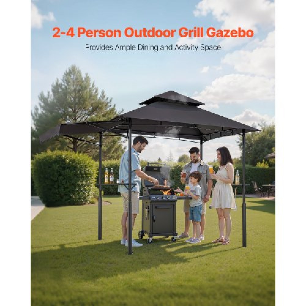 VEVOR Grill Gazebo, 2.43 x 1.5 m Double-Tiered Top, Reinforced BBQ Gazebo with Extra Awning, Powder-Coated Steel Patio Grill Shelter with 2 Side Shelves & Hooks, Outdoor Grilling Canopy for Garden