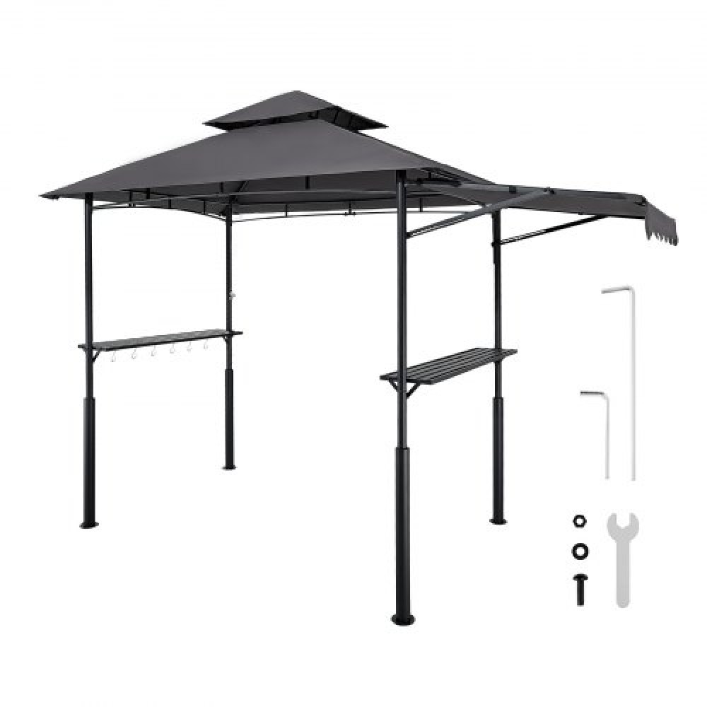 VEVOR Grill Gazebo, 2.43 x 1.5 m Double-Tiered Top, Reinforced BBQ Gazebo with Extra Awning, Powder-Coated Steel Patio Grill Shelter with 2 Side Shelves & Hooks, Outdoor Grilling Canopy for Garden