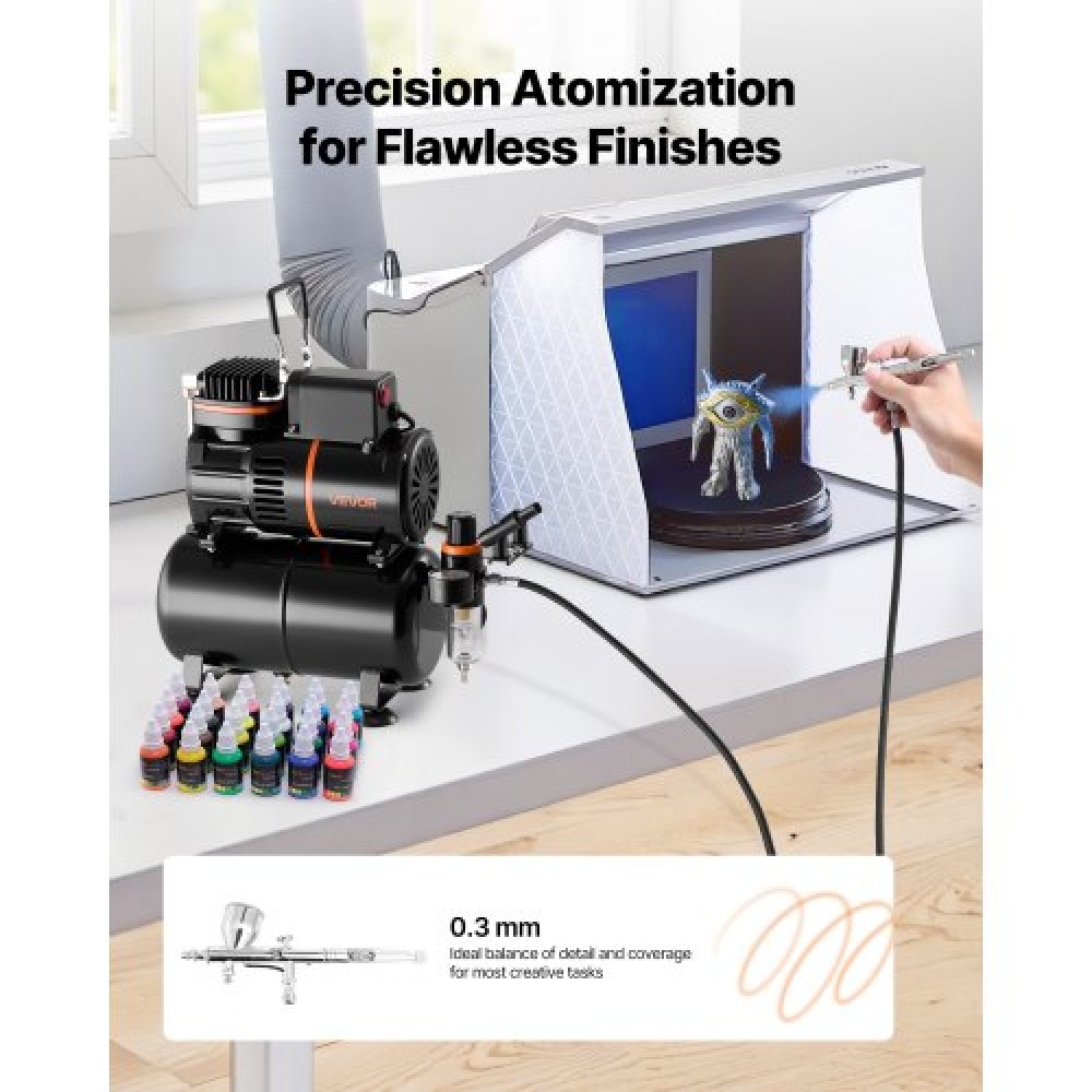 Σετ VEVOR Airbrush Kit, 1/6 HP, Air Brush Kit με αεροσυμπιεστή και δοχείο, 1 επαγγελματικό αερογράφο διπλής δράσης με 1 άκρο, λάστιχο, ακρυλικό χρώμα, 2 ανεμιστήρες, για διακόσμηση τούρτας, βάψιμο μοντέλων, τέχνη νυχιών