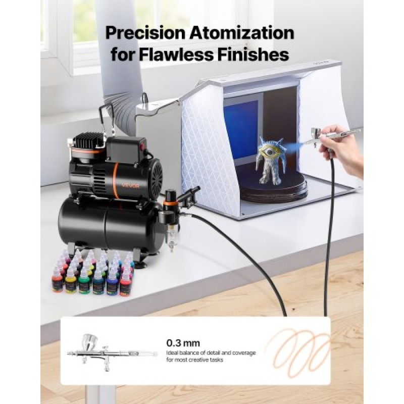 Σετ VEVOR Airbrush Kit, 1/6 HP, Air Brush Kit με αεροσυμπιεστή και δοχείο, 1 επαγγελματικό αερογράφο διπλής δράσης με 1 άκρο, λάστιχο, ακρυλικό χρώμα, 2 ανεμιστήρες, για διακόσμηση τούρτας, βάψιμο μοντέλων, τέχνη νυχιών