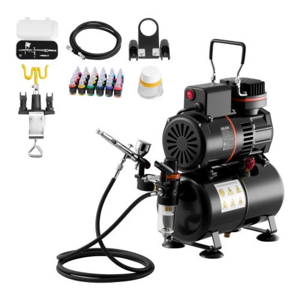 Σετ VEVOR Airbrush Kit, 1/6 HP, Air Brush Kit με αεροσυμπιεστή και δοχείο, 1 επαγγελματικό αερογράφο διπλής δράσης με 1 άκρο, λάστιχο, ακρυλικό χρώμα, 2 ανεμιστήρες, για διακόσμηση τούρτας, βάψιμο μοντέλων, τέχνη νυχιών