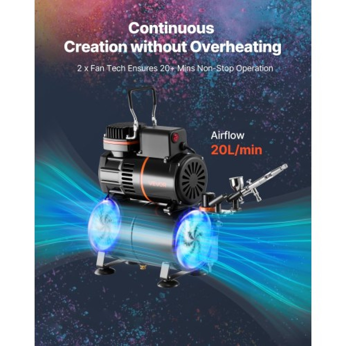 Σετ VEVOR Airbrush Kit, 1/6 HP, Air Brush Kit με αεροσυμπιεστή και δοχείο, 1 επαγγελματικό αερογράφο διπλής δράσης με 1 άκρο, λάστιχο, ακρυλικό χρώμα, 2 ανεμιστήρες, για διακόσμηση τούρτας, βάψιμο μοντέλων, τέχνη νυχιών