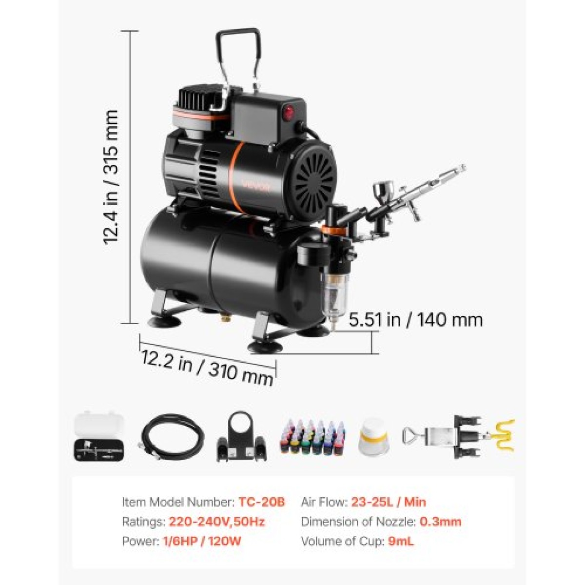 Σετ VEVOR Airbrush Kit, 1/6 HP, Air Brush Kit με αεροσυμπιεστή και δοχείο, 1 επαγγελματικό αερογράφο διπλής δράσης με 1 άκρο, λάστιχο, ακρυλικό χρώμα, 2 ανεμιστήρες, για διακόσμηση τούρτας, βάψιμο μοντέλων, τέχνη νυχιών