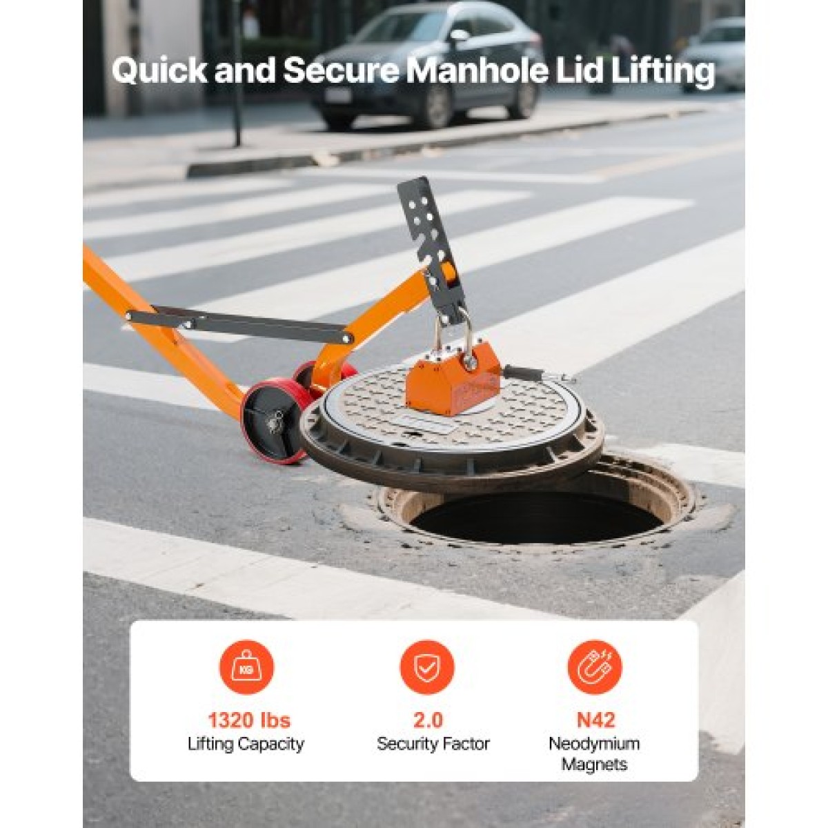 VEVOR Magnetic Lift Lifter Dolly, 600 kg ικανότητα έλξης, Steel Dolly με ανυψωτικό μαγνήτη βαρέως τύπου και 2 τροχούς, ρυθμιζόμενη λαβή, N42 νεοδύμιο, πτυσσόμενο και φορητό, για ανύψωση καλυμμάτων φρεατίων