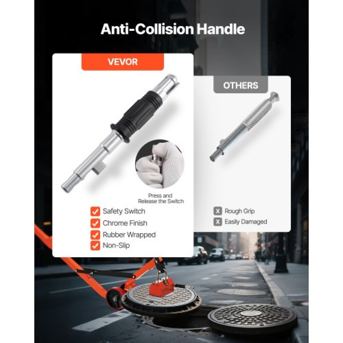 VEVOR Magnetic Lift Lifter Dolly, 600 kg ικανότητα έλξης, Steel Dolly με ανυψωτικό μαγνήτη βαρέως τύπου και 2 τροχούς, ρυθμιζόμενη λαβή, N42 νεοδύμιο, πτυσσόμενο και φορητό, για ανύψωση καλυμμάτων φρεατίων