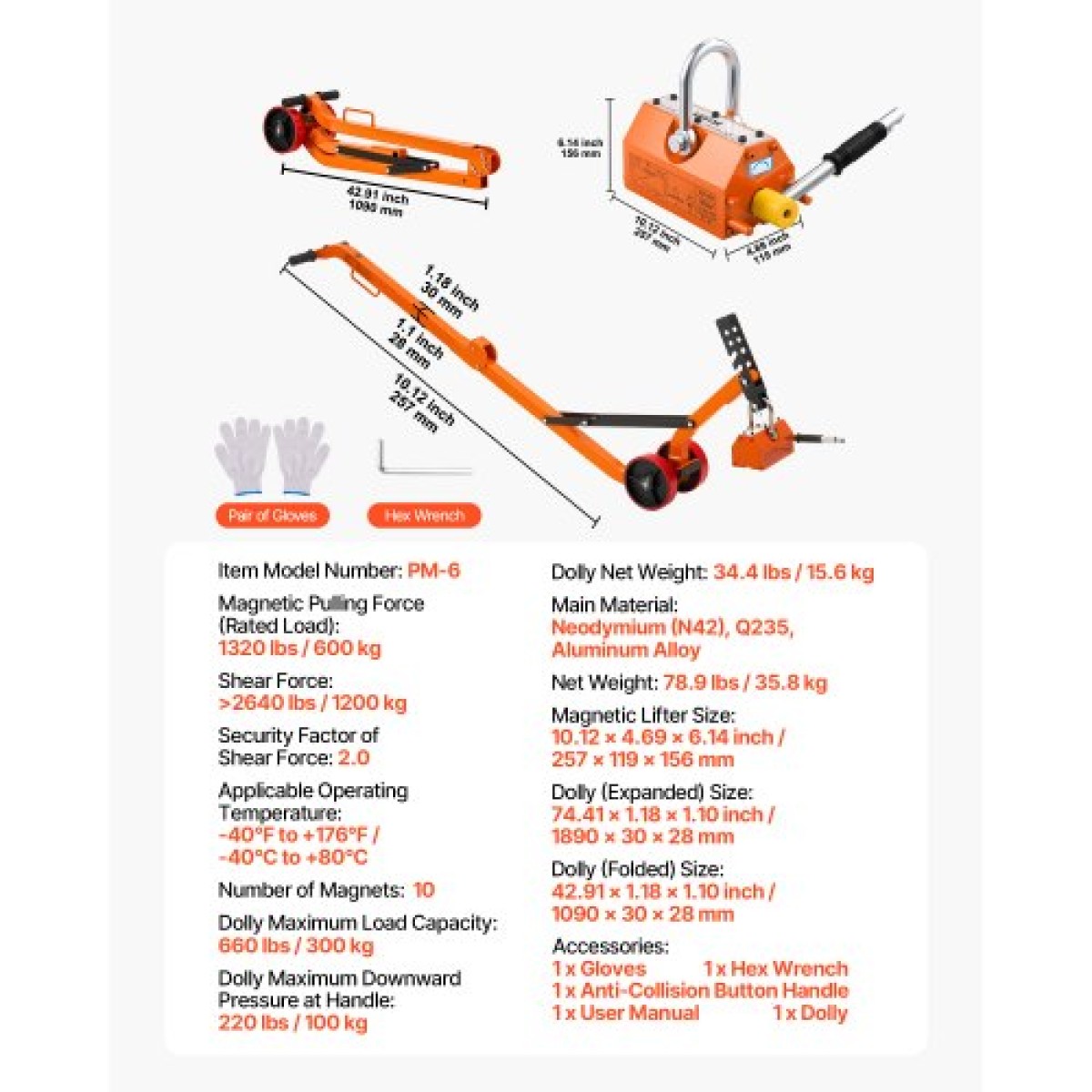 VEVOR Magnetic Lift Lifter Dolly, 600 kg ικανότητα έλξης, Steel Dolly με ανυψωτικό μαγνήτη βαρέως τύπου και 2 τροχούς, ρυθμιζόμενη λαβή, N42 νεοδύμιο, πτυσσόμενο και φορητό, για ανύψωση καλυμμάτων φρεατίων