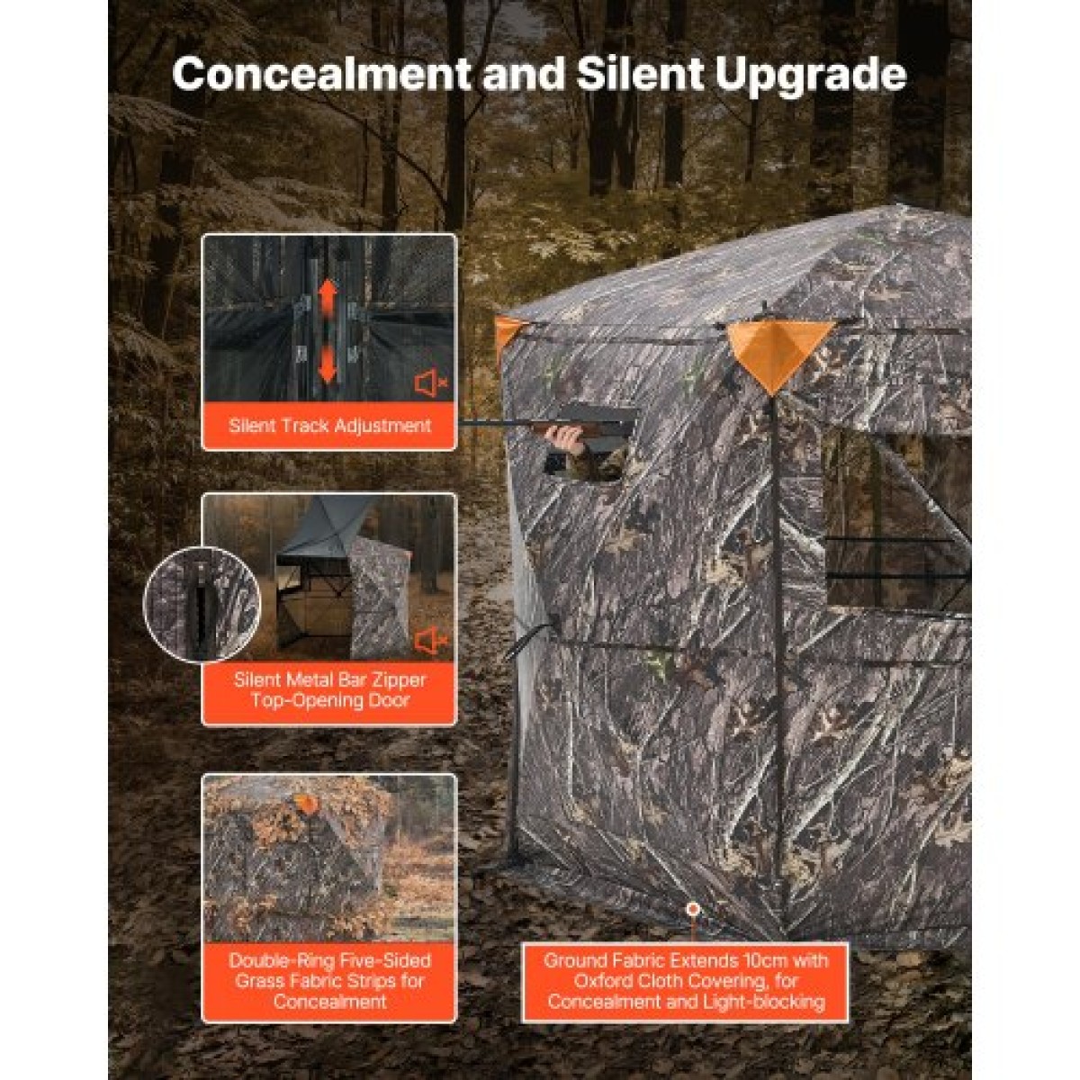 VEVOR Hunting Blind, 6-7 Persons, 288 Degree 5 Side See-Through Ground blinds με τσάντα μεταφοράς, φορητή σκηνή παραλλαγής, ανθεκτικό κρυφό καταφύγιο με αθόρυβη πόρτα και παράθυρο με φερμουάρ, για ελάφια Τουρκίας