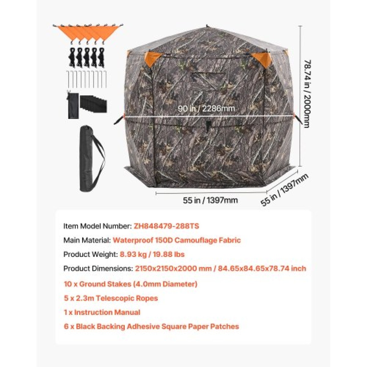 VEVOR Hunting Blind, 6-7 Persons, 288 Degree 5 Side See-Through Ground blinds με τσάντα μεταφοράς, φορητή σκηνή παραλλαγής, ανθεκτικό κρυφό καταφύγιο με αθόρυβη πόρτα και παράθυρο με φερμουάρ, για ελάφια Τουρκίας