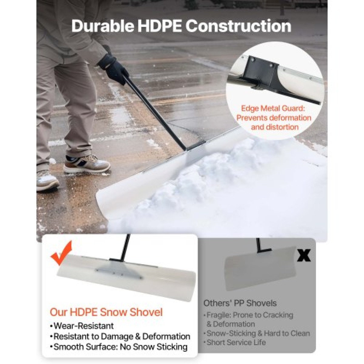 Φτυάρι VEVOR Snow Pusher, 122cm Φτυάρι Χιονιού εξωτερικού χώρου με εργονομική λαβή, HDPE Πλαστική λεπίδα, Χειμερινά φτυάρια με λαβή σε τμήματα, Μεταλλική λωρίδα με άκρες, φορητό εργαλείο αφαίρεσης χιονιού για Driveway Garden