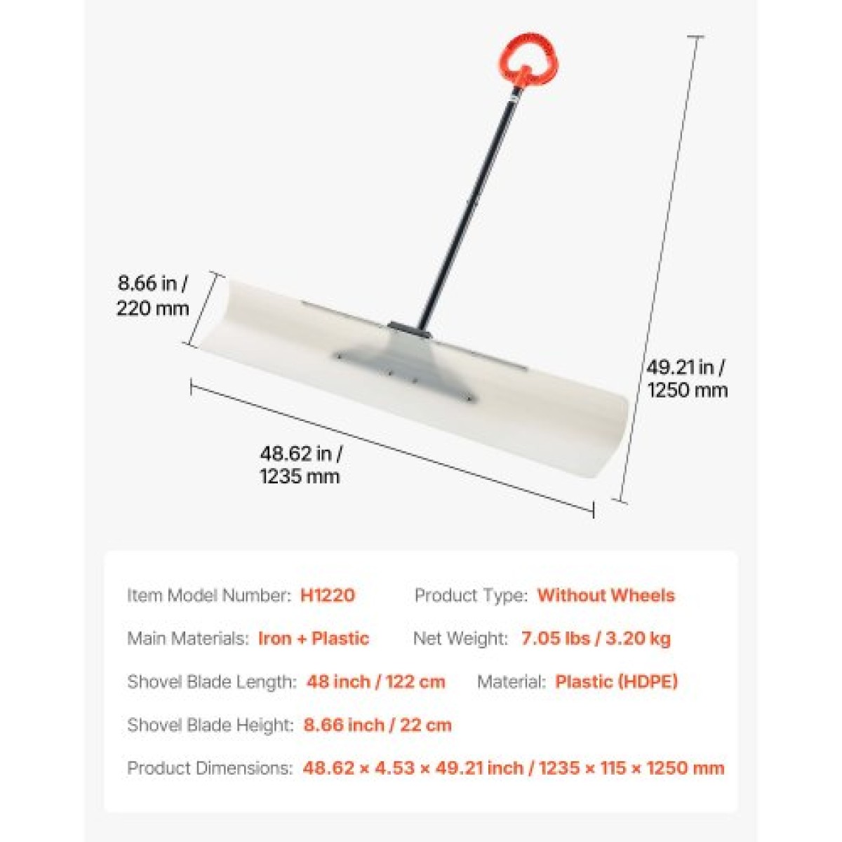 Φτυάρι VEVOR Snow Pusher, 122cm Φτυάρι Χιονιού εξωτερικού χώρου με εργονομική λαβή, HDPE Πλαστική λεπίδα, Χειμερινά φτυάρια με λαβή σε τμήματα, Μεταλλική λωρίδα με άκρες, φορητό εργαλείο αφαίρεσης χιονιού για Driveway Garden