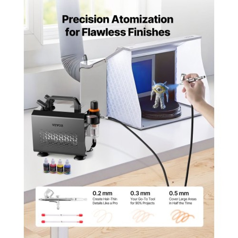 Σετ VEVOR Airbrush Kit, 1/6 HP, Air Brush Kit με αεροσυμπιεστή, 1 Dual-Action Professional Airbrush with 3 Tips, Hose, Acrylic Paint, Brush, Low Noise, for Cake Decorating, Model Painting, Nail Art