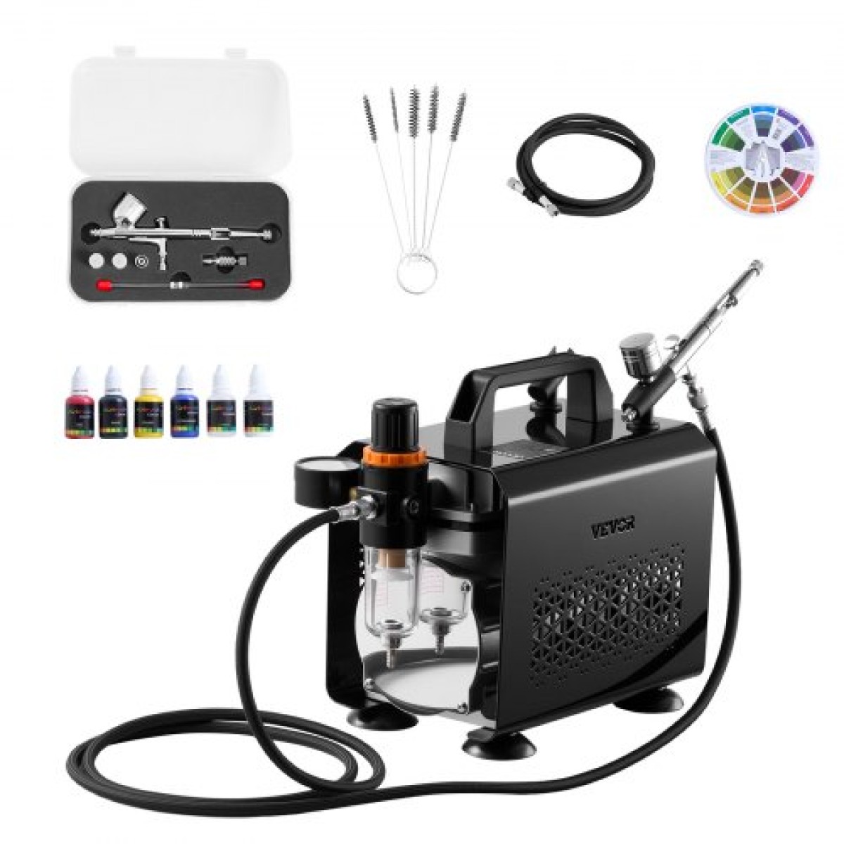 Σετ VEVOR Airbrush Kit, 1/6 HP, Air Brush Kit με αεροσυμπιεστή, 1 Dual-Action Professional Airbrush with 3 Tips, Hose, Acrylic Paint, Brush, Low Noise, for Cake Decorating, Model Painting, Nail Art